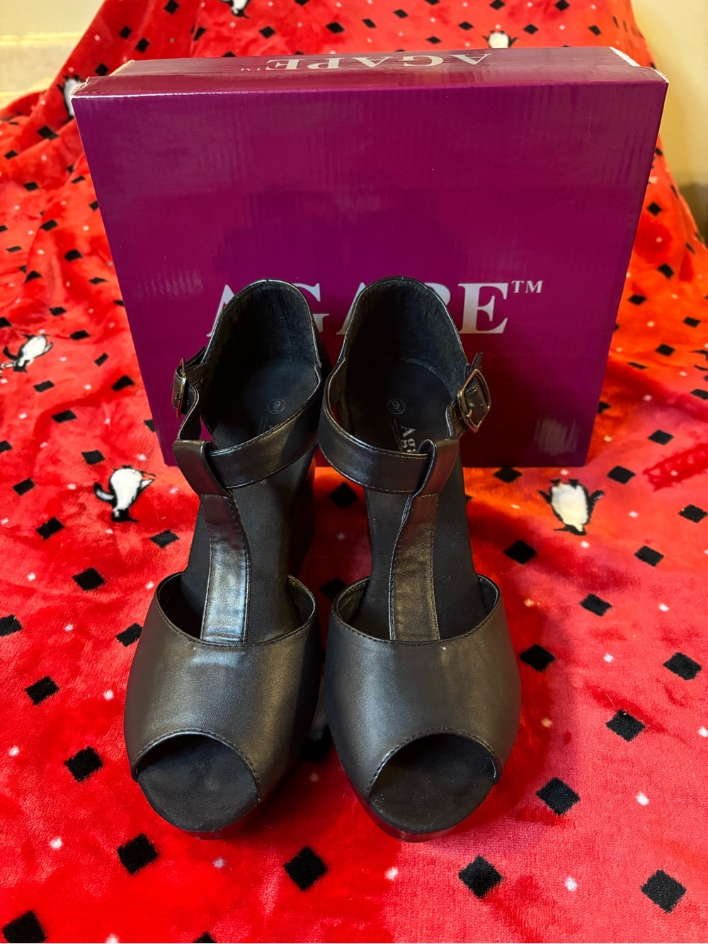 Agape Black T-Strap Peep-Toe Women’s Heels